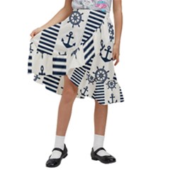 Nautical-seamless-pattern-vector-illustration Kids  Ruffle Flared Wrap Midi Skirt by Salman4z