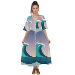 Tsunami Tidal Waves Wave Minimalist Ocean Sea Kimono Sleeve Boho Dress by Ravend