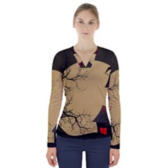 Halloween Moon Haunted House Full Moon Dead Tree V-neck Long Sleeve Top by Ravend