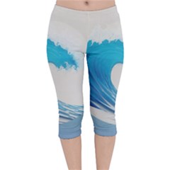 Wave Tsunami Tidal Wave Ocean Sea Water Velvet Capri Leggings  by Ravend