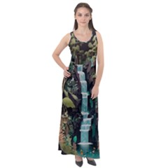 Jungle Tropical Trees Waterfall Plants Papercraft Sleeveless Velour Maxi Dress by Ravend