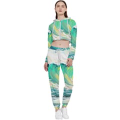 Waves Ocean Sea Tsunami Nautical Painting Cropped Zip Up Lounge Set by Ravend