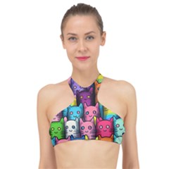 Cats Rainbow Pattern Colorful Feline Pets High Neck Bikini Top by Ravend