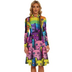 Cats Rainbow Pattern Colorful Feline Pets Long Sleeve Shirt Collar A-line Dress by Ravend