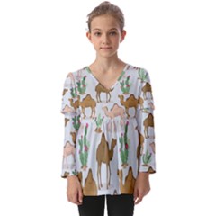 Camels-cactus-desert-pattern Kids  V Neck Casual Top by Salman4z