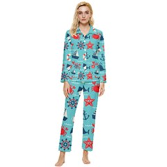 Seamless-pattern-nautical-icons-cartoon-style Womens  Long Sleeve Velvet Pocket Pajamas Set by Salman4z