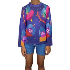 Cartoon-funny-aliens-with-ufo-duck-starry-sky-set Kids  Long Sleeve Swimwear by Salman4z