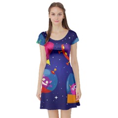 Cartoon-funny-aliens-with-ufo-duck-starry-sky-set Short Sleeve Skater Dress by Salman4z