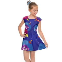 Cartoon-funny-aliens-with-ufo-duck-starry-sky-set Kids  Cap Sleeve Dress by Salman4z