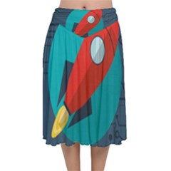 Rocket-with-science-related-icons-image Velvet Flared Midi Skirt by Salman4z