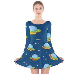 Seamless-pattern-ufo-with-star-space-galaxy-background Long Sleeve Velvet Skater Dress by Salman4z