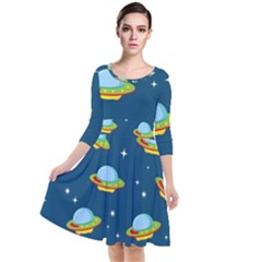 Seamless-pattern-ufo-with-star-space-galaxy-background Quarter Sleeve Waist Band Dress by Salman4z