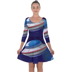 Ufo-alien-spaceship-galaxy Quarter Sleeve Skater Dress by Salman4z