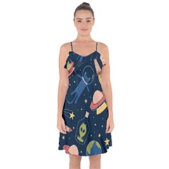 Seamless-pattern-with-funny-aliens-cat-galaxy Ruffle Detail Chiffon Dress by Salman4z