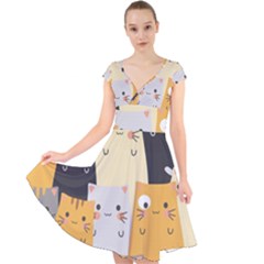 Seamless-pattern-cute-cat-cartoons Cap Sleeve Front Wrap Midi Dress by Salman4z