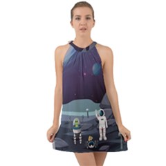 Alien-astronaut-scene Halter Tie Back Chiffon Dress by Salman4z