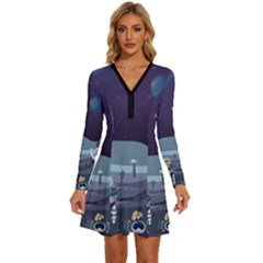 Alien-astronaut-scene Long Sleeve Deep V Mini Dress  by Salman4z