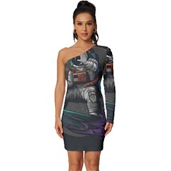 Illustration-astronaut-cosmonaut-paying-skateboard-sport-space-with-astronaut-suit Long Sleeve One Shoulder Mini Dress by Salman4z