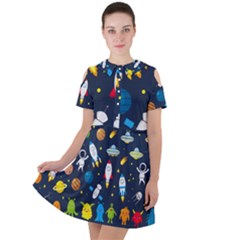 Big-set-cute-astronauts-space-planets-stars-aliens-rockets-ufo-constellations-satellite-moon-rover-v Short Sleeve Shoulder Cut Out Dress  by Salman4z