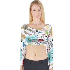 Seamless-pattern-vector-with-funny-robots-cartoon Long Sleeve Crop Top by Salman4z