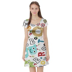 Seamless-pattern-vector-with-funny-robots-cartoon Short Sleeve Skater Dress by Salman4z