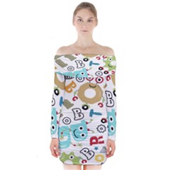 Seamless-pattern-vector-with-funny-robots-cartoon Long Sleeve Off Shoulder Dress by Salman4z