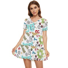 Seamless-pattern-vector-with-funny-robots-cartoon Tiered Short Sleeve Babydoll Dress by Salman4z