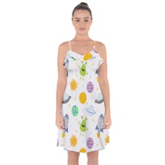 Seamless-pattern-cartoon-space-planets-isolated-white-background Ruffle Detail Chiffon Dress by Salman4z