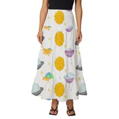 Seamless-pattern-cartoon-space-planets-isolated-white-background Tiered Ruffle Maxi Skirt by Salman4z