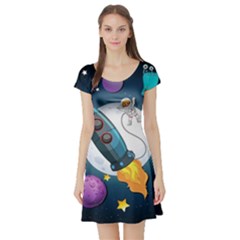 Spaceship-astronaut-space Short Sleeve Skater Dress by Salman4z