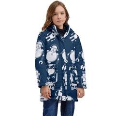 White-robot-blue-seamless-pattern Kids  Hooded Longline Puffer Jacket by Salman4z