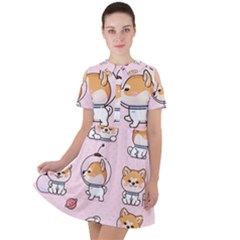 Set-kawaii-smile-japanese-dog-akita-inu-cartoon Short Sleeve Shoulder Cut Out Dress  by Salman4z