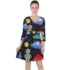 Seamless-pattern-with-space-objects-ufo-rockets-aliens-hand-drawn-elements-space Quarter Sleeve Ruffle Waist Dress by Salman4z