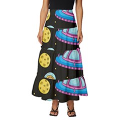 Seamless-pattern-with-space-objects-ufo-rockets-aliens-hand-drawn-elements-space Tiered Ruffle Maxi Skirt by Salman4z