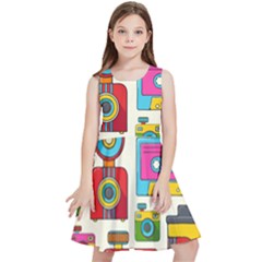 Retro-cameras-audio-cassettes-hand-drawn-pop-art-style-seamless-pattern Kids  Skater Dress by Salman4z