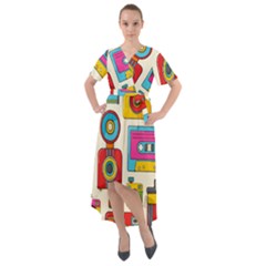 Retro-cameras-audio-cassettes-hand-drawn-pop-art-style-seamless-pattern Front Wrap High Low Dress by Salman4z