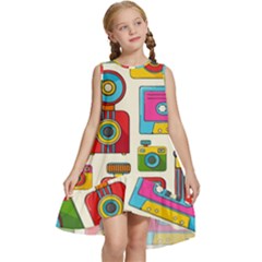 Retro-cameras-audio-cassettes-hand-drawn-pop-art-style-seamless-pattern Kids  Frill Swing Dress by Salman4z