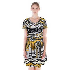 Crazy-abstract-doodle-social-doodle-drawing-style Short Sleeve V-neck Flare Dress by Salman4z