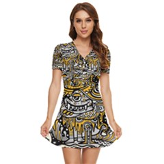 Crazy-abstract-doodle-social-doodle-drawing-style V-neck High Waist Chiffon Mini Dress by Salman4z