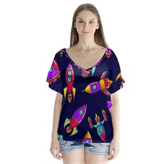 Space-patterns V-neck Flutter Sleeve Top by Salman4z