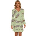 Sloths-pattern-design Long Sleeve Waist Tie Ruffle Velvet Dress View1