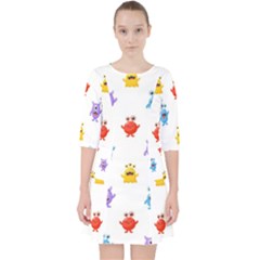 Seamless-pattern-cute-funny-monster-cartoon-isolated-white-background Quarter Sleeve Pocket Dress by Salman4z