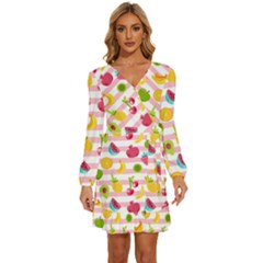 Tropical-fruits-berries-seamless-pattern Long Sleeve Waist Tie Ruffle Velvet Dress by Salman4z