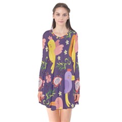 Exotic-seamless-pattern-with-parrots-fruits Long Sleeve V-neck Flare Dress by Salman4z