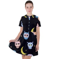 Cute-owl-doodles-with-moon-star-seamless-pattern Short Sleeve Shoulder Cut Out Dress  by Salman4z