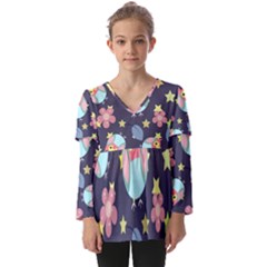 Owl-stars-pattern-background Kids  V Neck Casual Top by Salman4z