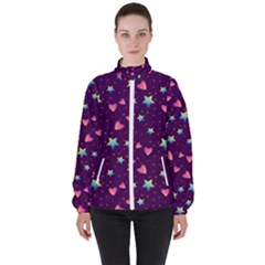 Colorful-stars-hearts-seamless-vector-pattern Women s High Neck Windbreaker by Salman4z