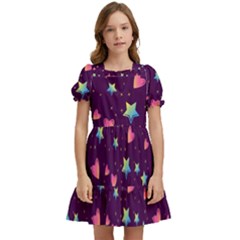 Colorful-stars-hearts-seamless-vector-pattern Kids  Puff Sleeved Dress by Salman4z