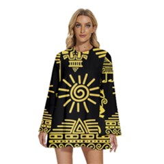 Maya-style-gold-linear-totem-icons Round Neck Long Sleeve Bohemian Style Chiffon Mini Dress by Salman4z