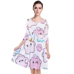 Cute-doodle-cartoon-seamless-pattern Quarter Sleeve Waist Band Dress by Salman4z